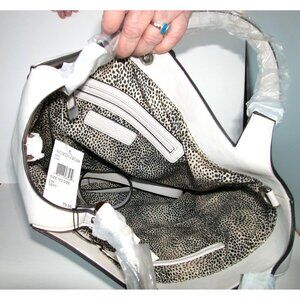 Sole Society Large White Leather Tote Bag With Studded Accents & Animal Print In